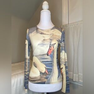NWT Free People x Tyler McGillivary Swan Print Long Sleeve Top XS Rare